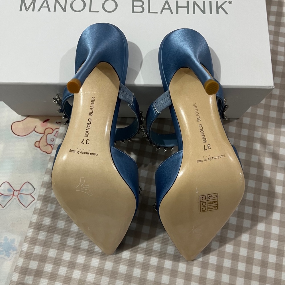 Manolo Blahnik Blue Satin Crystal-Embellished Pointed Toe Mules - Picture 8 of 8